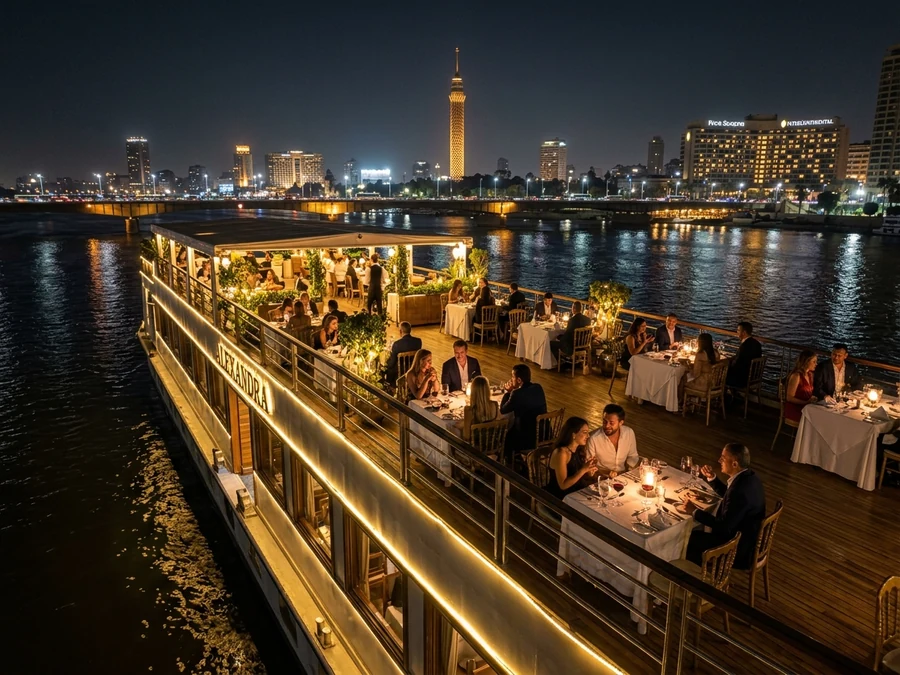 Dinner cruise on the Nile with illuminated Cairo skyline