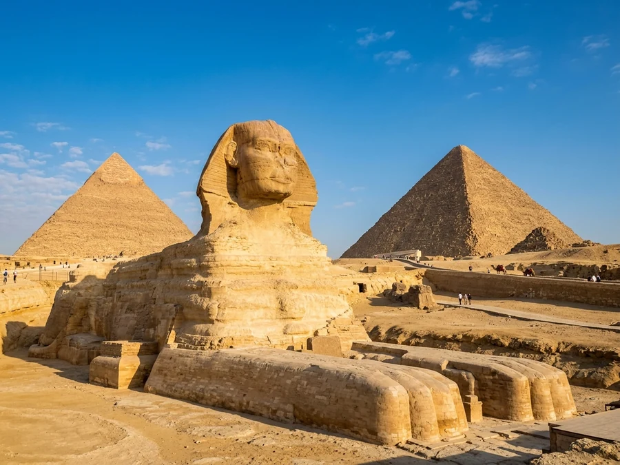 The Great Sphinx and Giza Pyramids in morning light