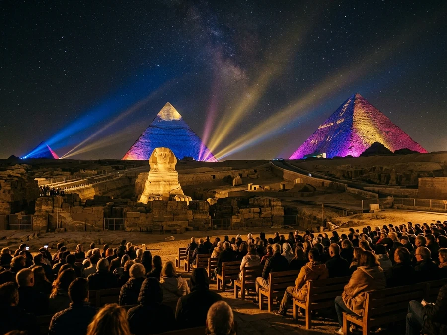 Giza Pyramids and Sphinx illuminated during Sound and Light show