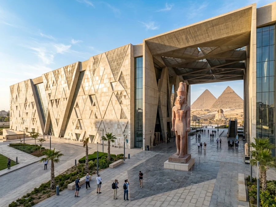 Grand Egyptian Museum facade with pyramids in view