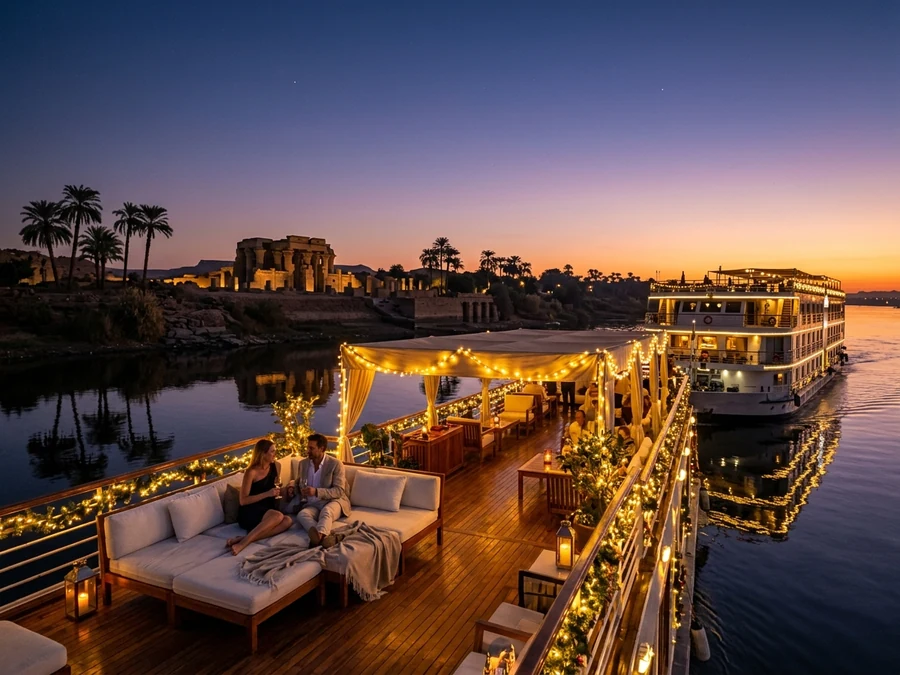 A Nile cruise deck decorated for Christmas at dusk