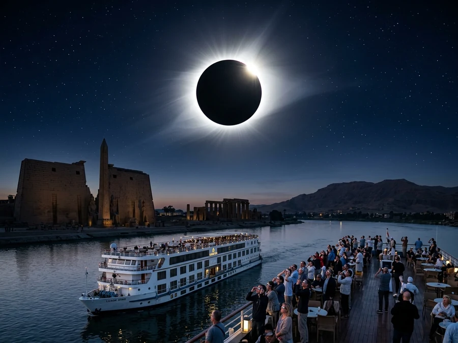 Total solar eclipse over a Nile cruise and Luxor's temples