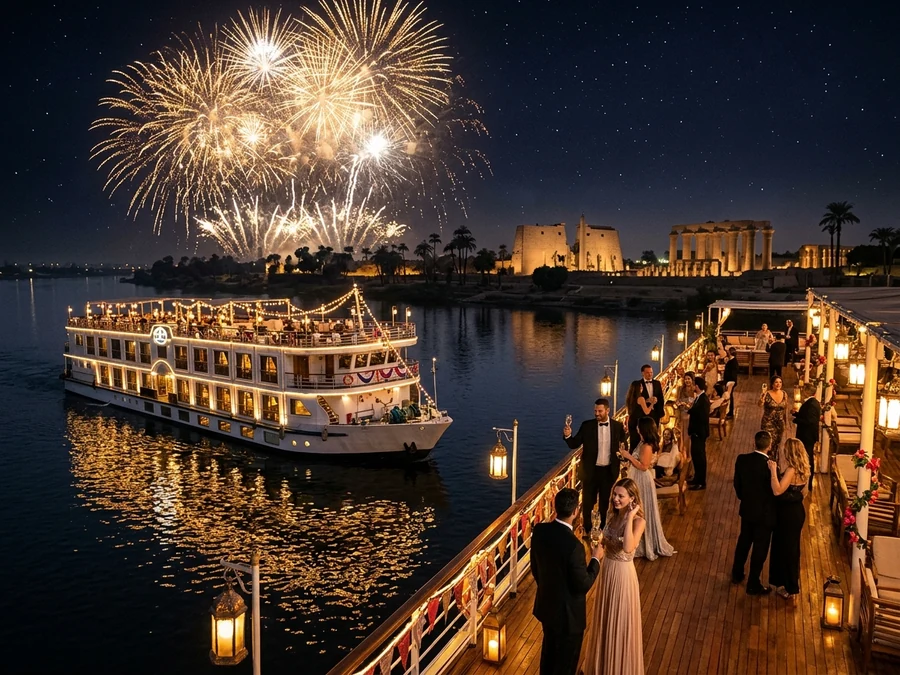 Fireworks over a Nile cruise ship on New Year's Eve