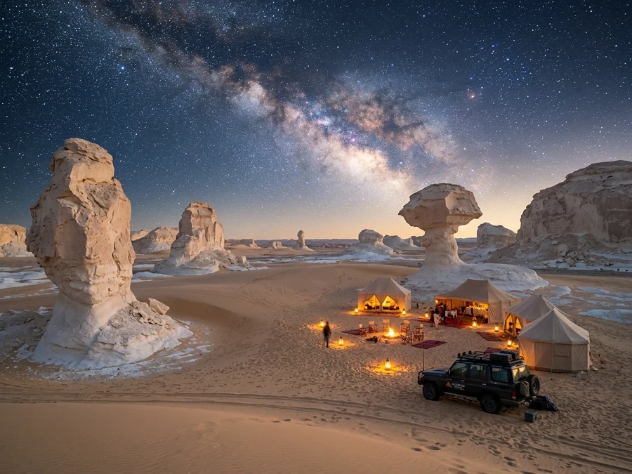 A night camp among the White Desert's chalk formations