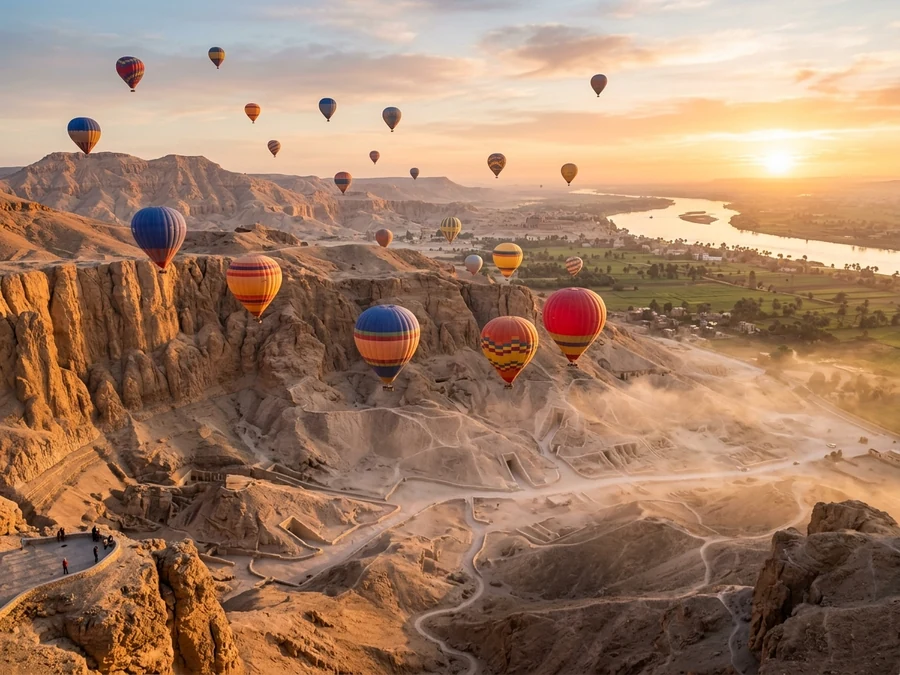 Hot air balloons over Luxor's West Bank at sunrise