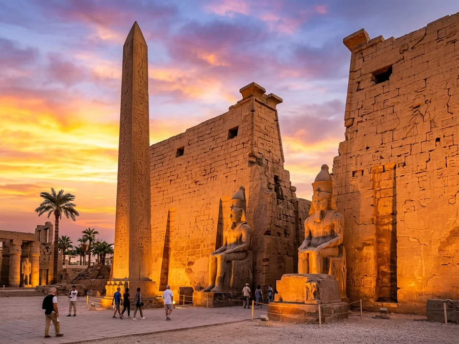 Luxor Temple's pylon and obelisk at sunset