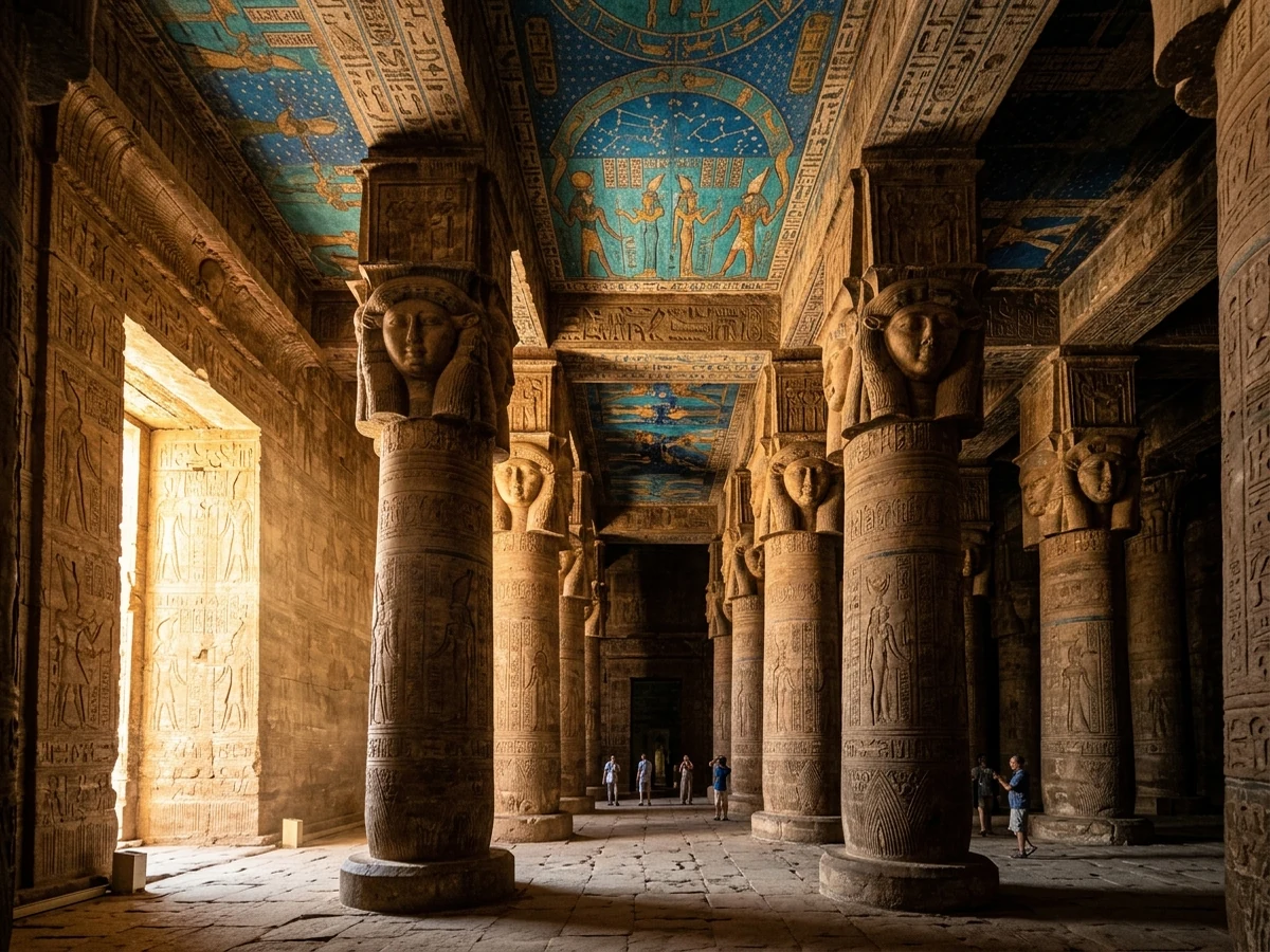 Temple of Hathor hypostyle hall and astronomical ceiling in Dendera