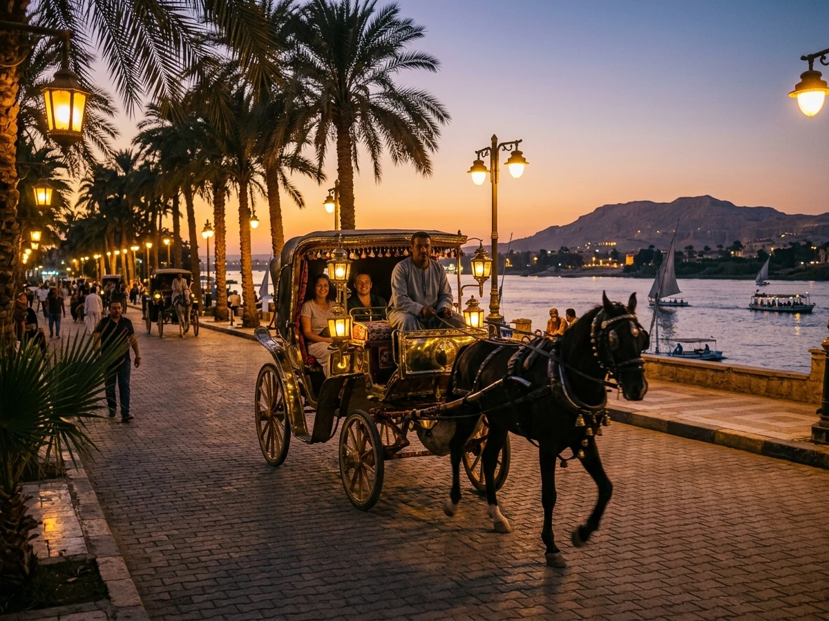 Traditional horse carriage along the Luxor Nile corniche at sunset